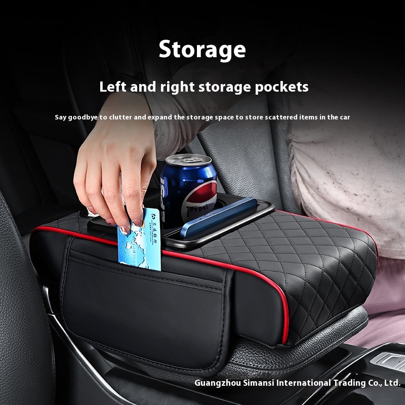 PU Leather Car Armrest Box Heightening Cushion with Cup Holder Tissue Box Side Storage Pocket Arm Rest Cover Height Pad