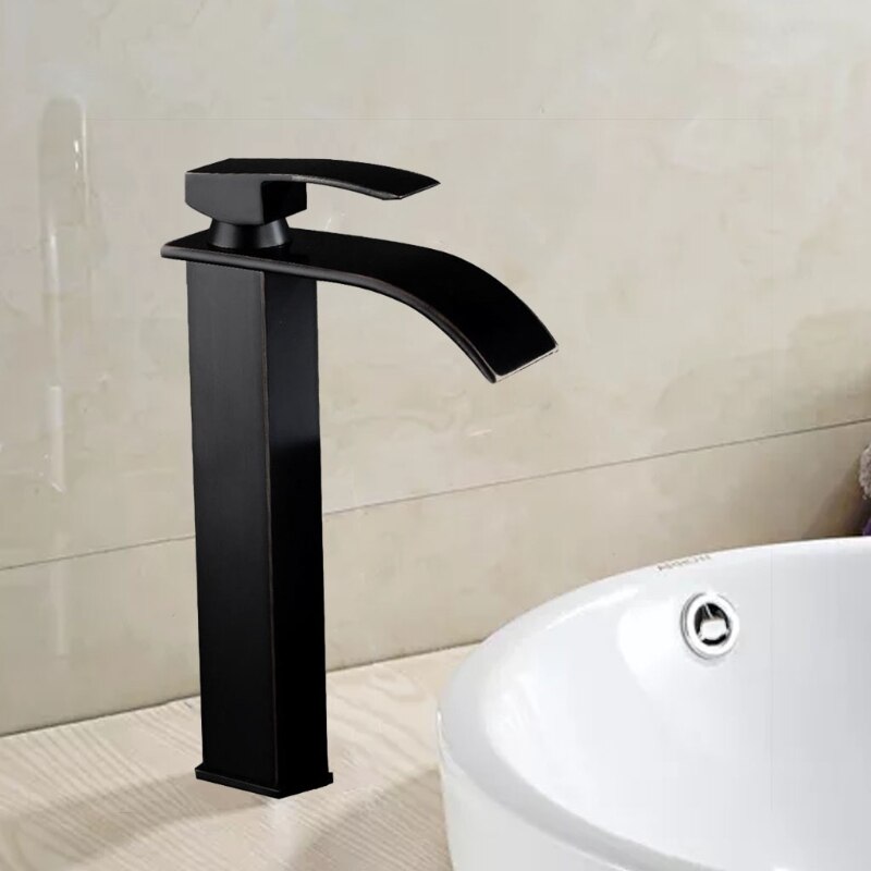 Kitchen Bathroom Sink Faucet, Waterfall Spout Basin Faucet, Cold and Water Mixer Sink Tap, 360-Degree Rotation of Water 37ME: short / Black