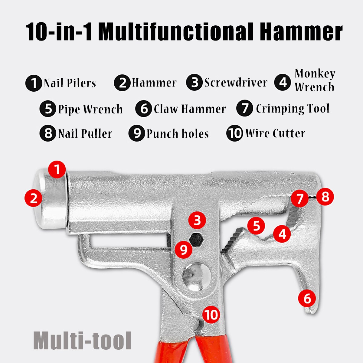 10- in -1 hamerzaktang multifunctioneel gereedschap met timmermanshamer schroevendraaier spijkertang/trekker pijpsleutel draadknipper