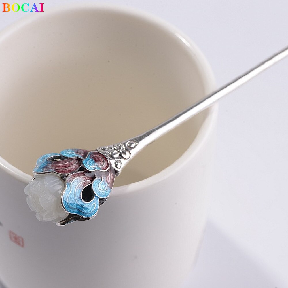 Bocai  s925 haaraccessoires aus sterlingsilber, cloisonné lutos totem jade kopfschmuck, reines silber haarnadel-charm-schmuckstück für damen