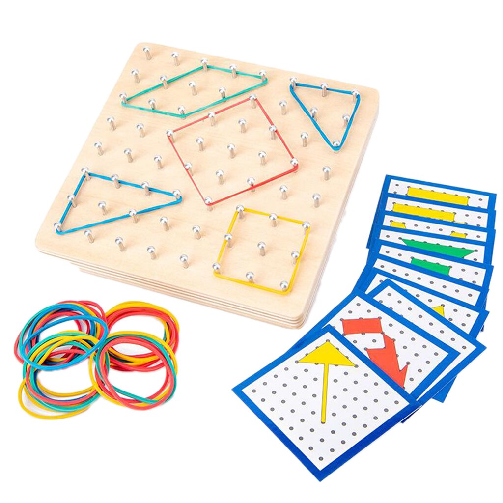 Houten Geoboard Met 20Pcs Patroon Kaarten En Latex Bands Voor Voorschoolse Kinderen