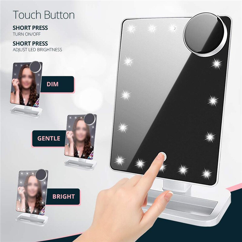 Espejo de maquillaje con pantalla táctil LED y 20 luces, espejo de sobremesa para maquillaje, espejo con aumento de 10x y bluetooth, espejo giratorio de 360 grados