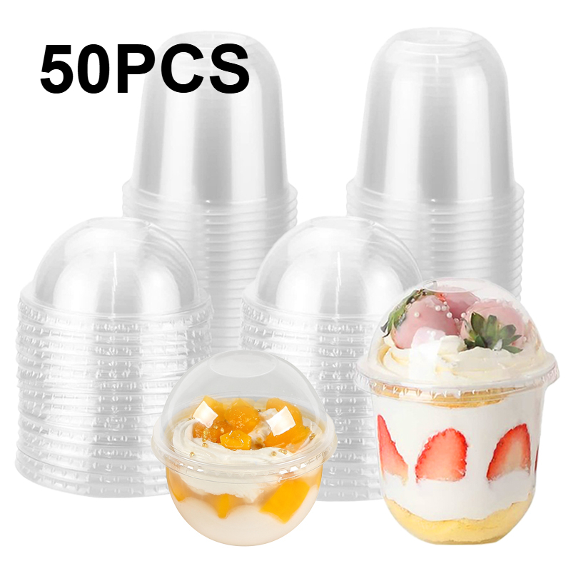 50 stk. engangs gjennomsiktige plastkopper med lokk melke-tekopper fruktjuice kaffe sand iskrem drikkebeholdere