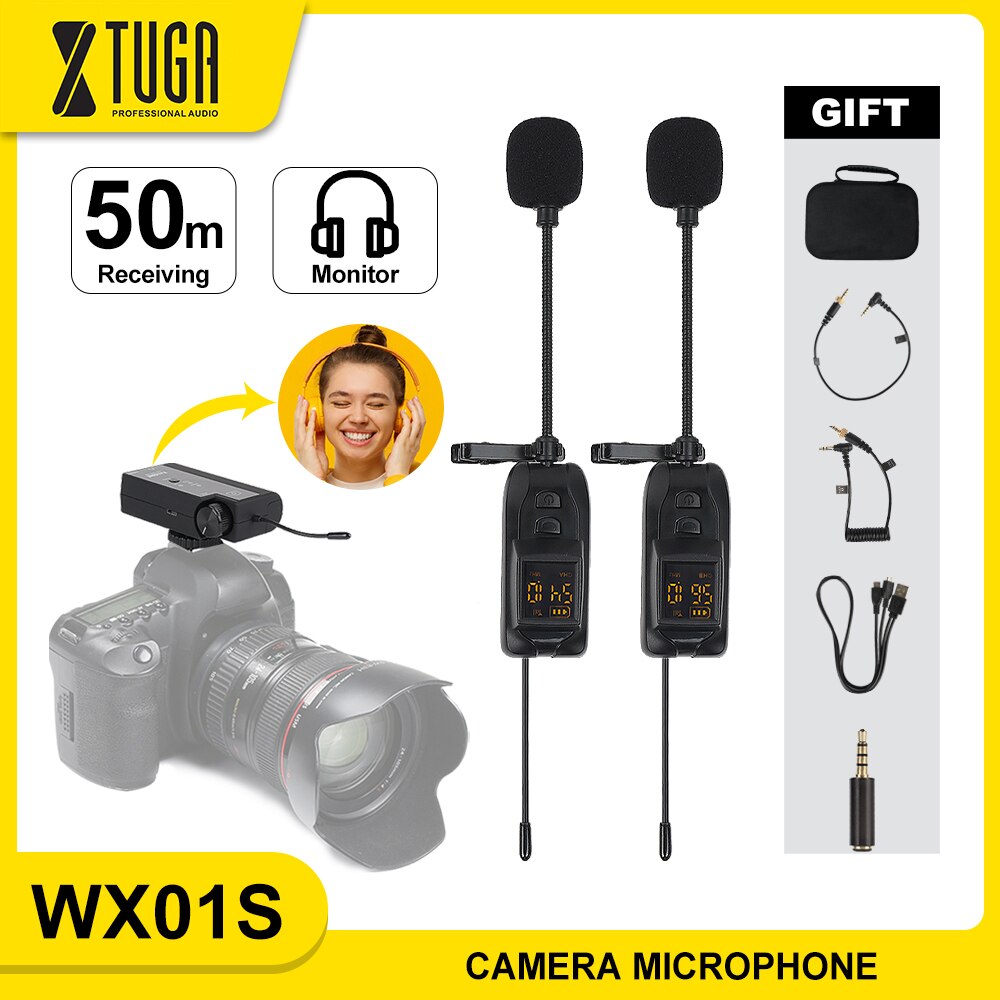 Xtuga Camera Microfoon Uhf Draadloze Lavalier Microfoon Met Oplaadbare Zender Ontvanger, 164ft Bereik, Voor Smartphones