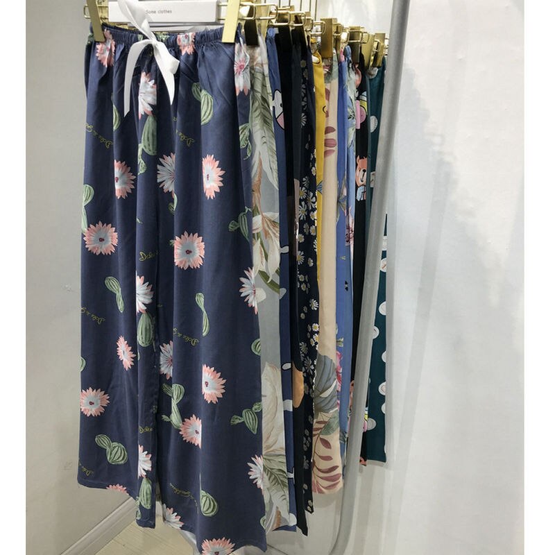 Vrouwen Zomer Slaap Bodems Homewear Slaap Broek Bloemenprint Pyjama Broek Katoen Comfortabele Brede-Been Elastische Ouc129