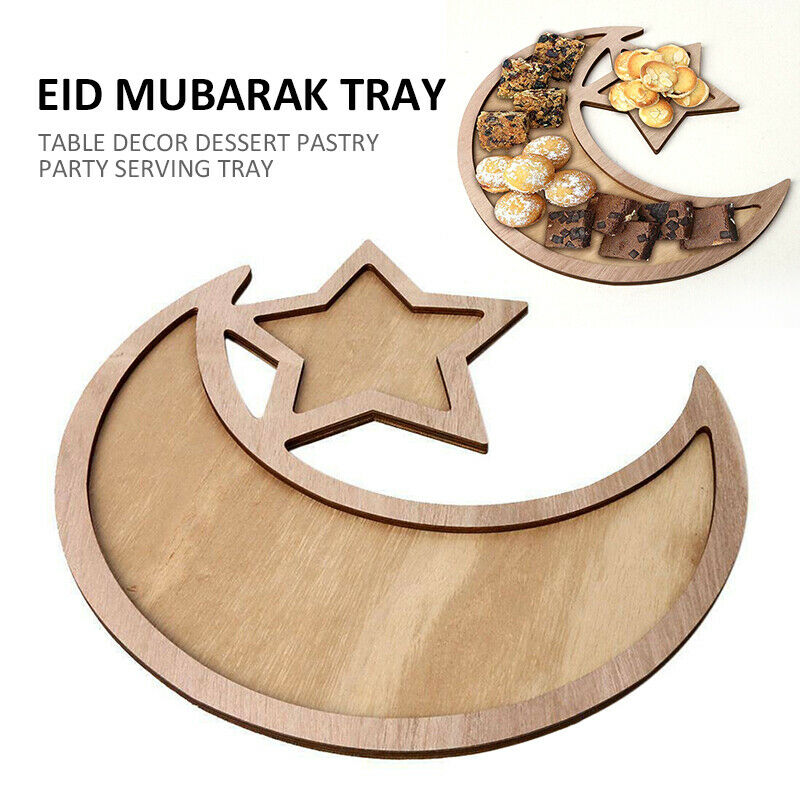 Ramadan Moon Shaped Wooden Decorations Eid Al Fitr Crafts Ornaments Southeast Asian Home Snack Dessert Pastry Serving Tray