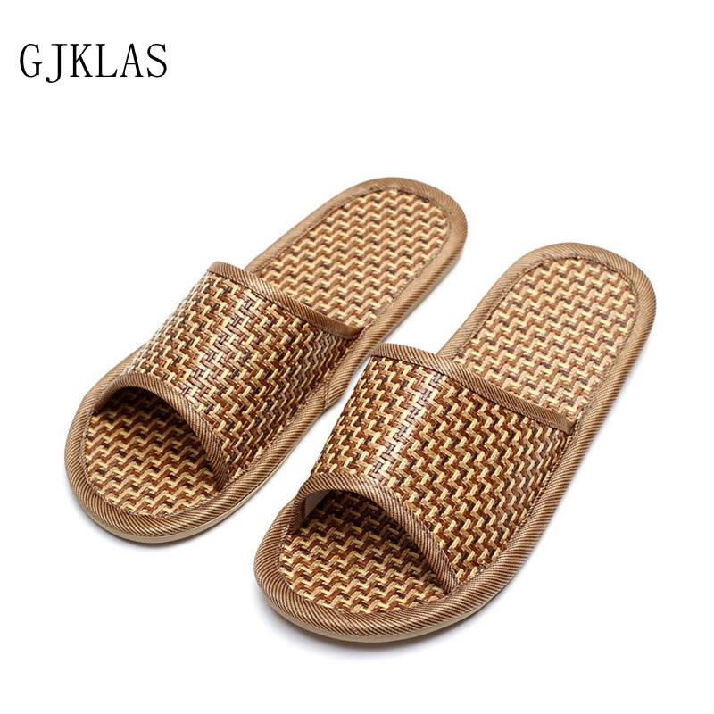 Sandales d&#39;intérieur en paille de bambou pour hommes et femmes, pantoufles unisexes pour Couples, chaussures de maison, de paille, de douche plate, décontractées, été