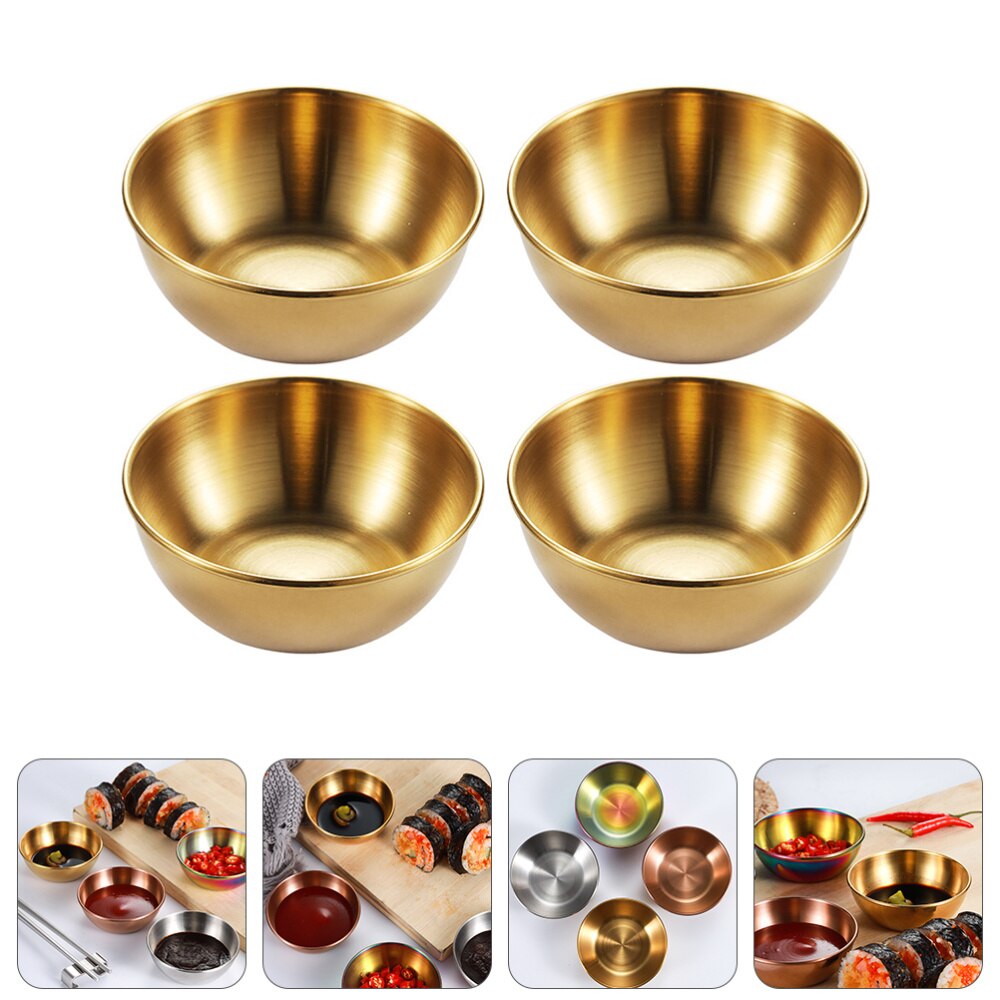 4pcs Appetizer Serving Tray Gold Dining Plate Serving Dishes Dinner Plates Stainless Steel Sauce Dishes Spice Dish Plates