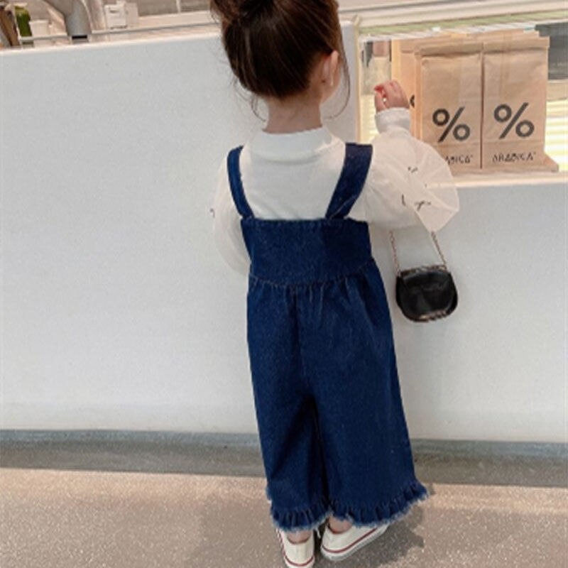 Monos de mezclilla para niñas, peto holgado informal azul para niños, pantalones vaqueros de pierna ancha, ropa para bebés, monos de estilo coreano