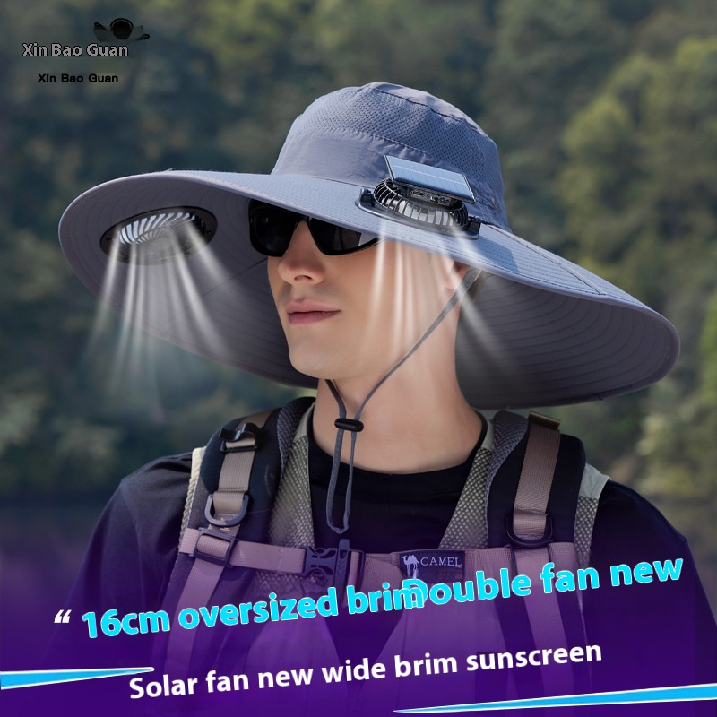Sombrero de verano con doble ventilador con energía solar para senderismo al aire libre, pesca, sombrero con sombrilla, sombrero de pescador impermeable de secado rápido con alero grande