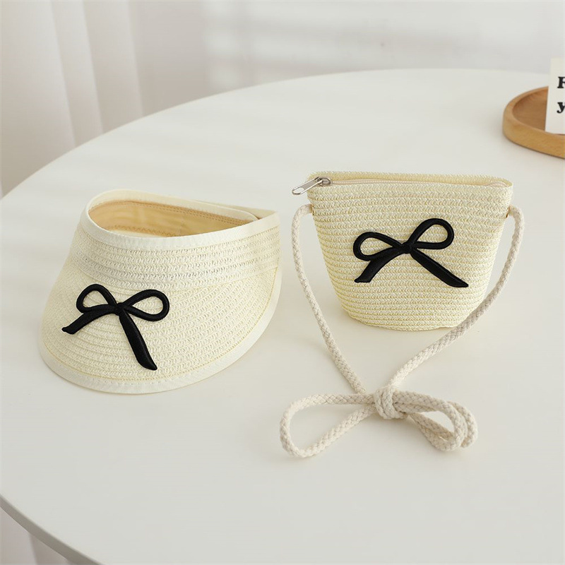 Chapéu de palha e bolsa de ombro verão para meninas, chapéu de sol superior vazio infantil, aba grande, bowknot, viseira de praia ao ar livre, boné de sol para bebê: Verde
