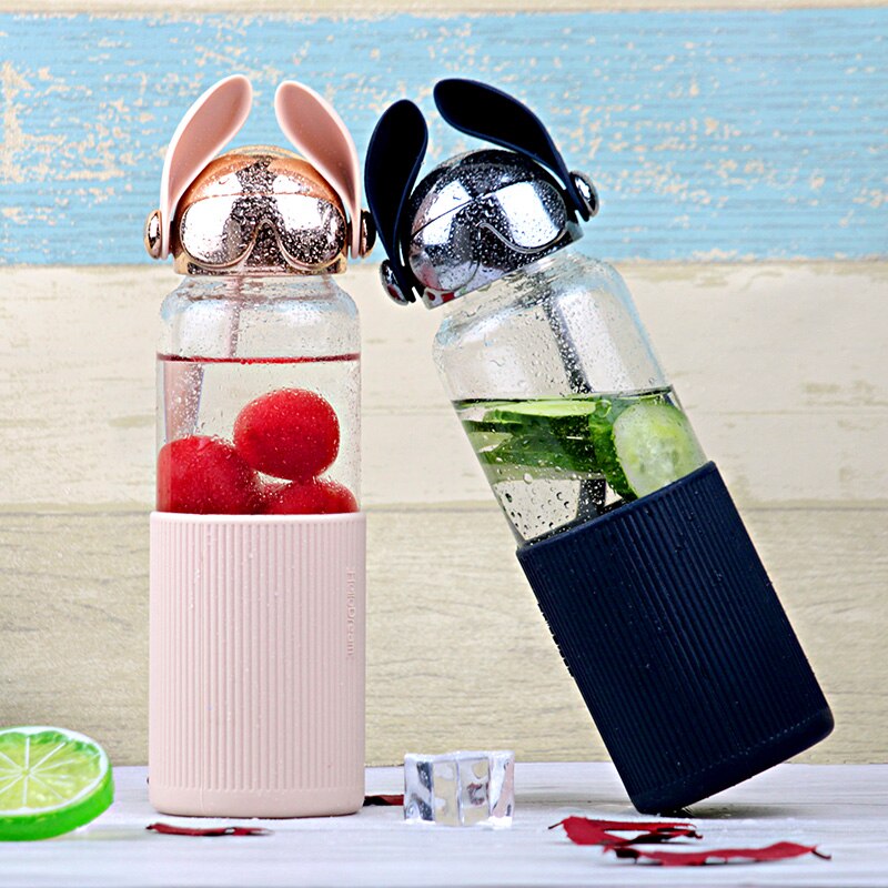 Botellas de agua de vidrio portátiles creativas de dibujos animados con tapa brillante para perro, bonita botella de agua con personalidad para chica estudiante
