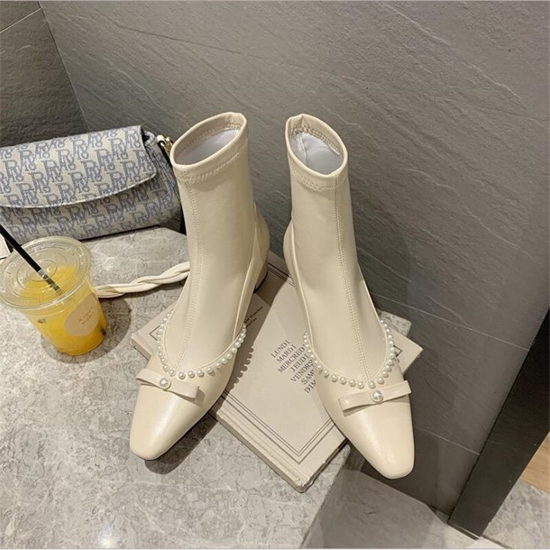 Bottines élégantes avec perles pour femmes, chaussures confortables à talons carrés, courtes en Pu, en plissage, collection automne-hiver