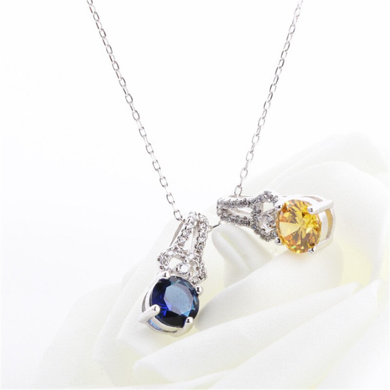 CC Trendy Jewelry Necklaces Pendants For Women Silver 925 Cubic Zirconia Round Blue/Yellow Stone Bijoux Femme No Chain CCN259