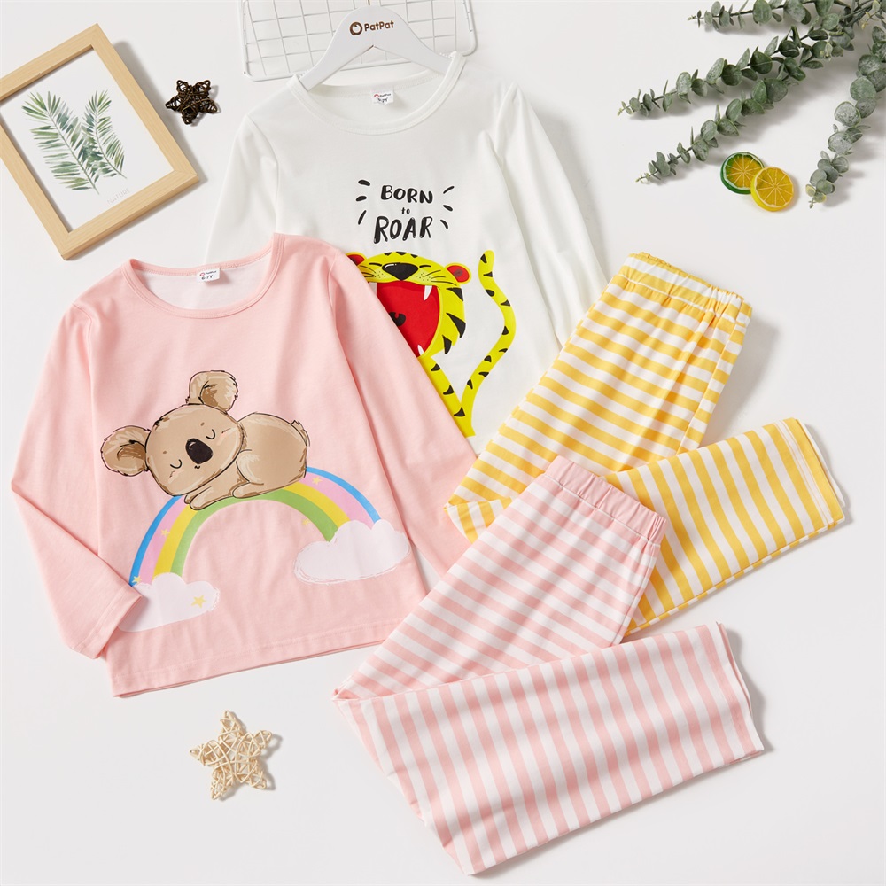Set pigiami per bambina/bambino 2 pezzi PatPat, Top a maniche lunghe con stampa animalier Koala/tigre e pantaloni a righe