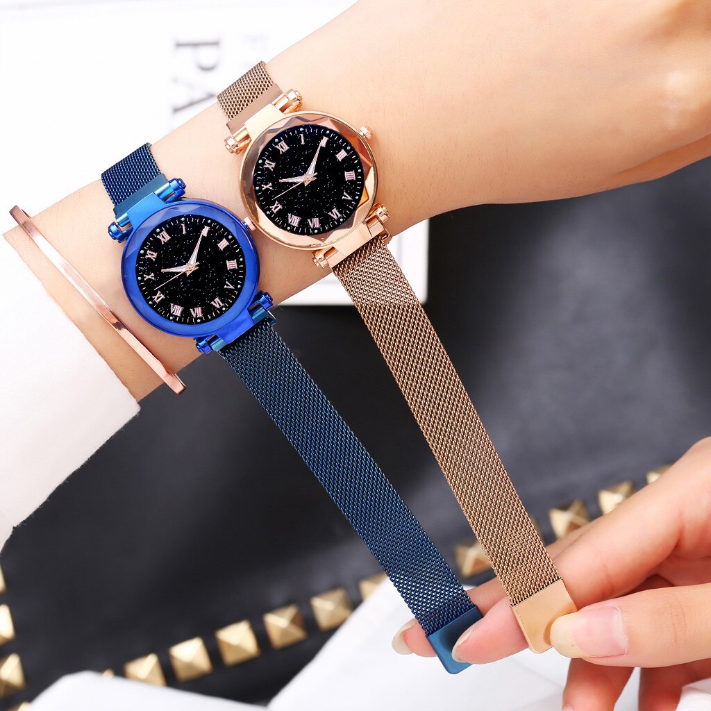 Vrouwen Horloge Luxe Starry Dial Crystal Rvs Mesh Magnetische Riem Dames Quartz Horloge Vrouwen Lichtgevende Handen Horloges