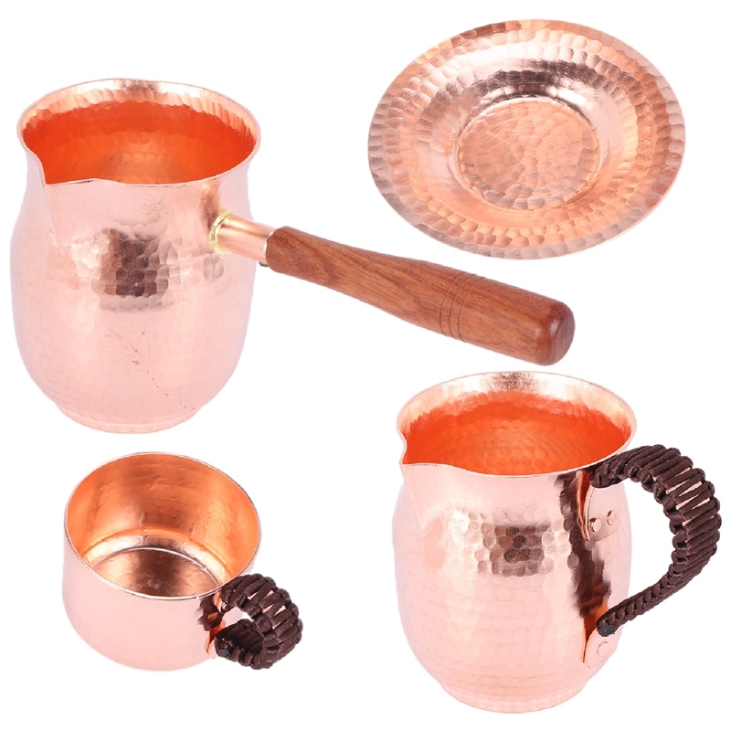Juego de té y café hechos a mano de cobre puro, cafetera árabe griega turca con mango de madera, Ibrik para Barista