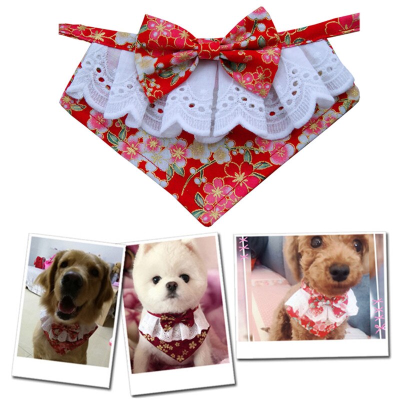 Japansk stil handgjord hund spets rosett haklapp med söt fluga hundhalsduk för valpar medelstora hundar tillbehör till husdjur