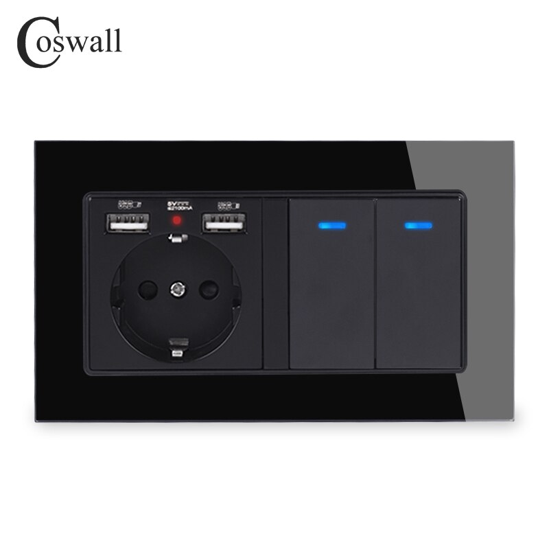COSWALL Russia Spain EU Standard Wall Socket 2 USB Charge Port + 2 Gang 1 Way On / Off Light Switch LED Indicator Glass Panel: Black