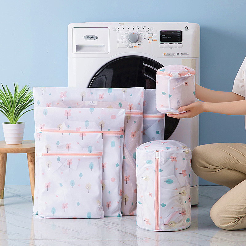 Floral Printing Mesh Machine Wash Laundry Bag Underwear Bra Washing Bag Laundry Organizer for Dirty Clothes Cloth Laundry Basket: S 30-40cm / Pink  floral