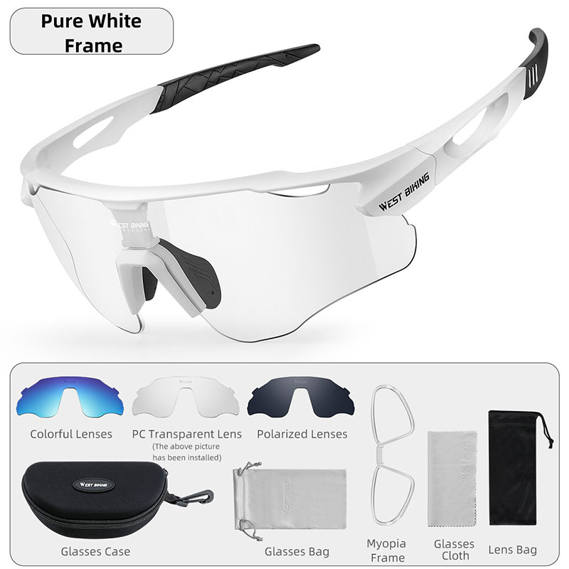 WEST BIKING Cycling Glasses With Interchangeable 3 Lenses Lightweight UV400 Sunglasses Men Women Eyewear Outdoor Sports Goggles: WHITE