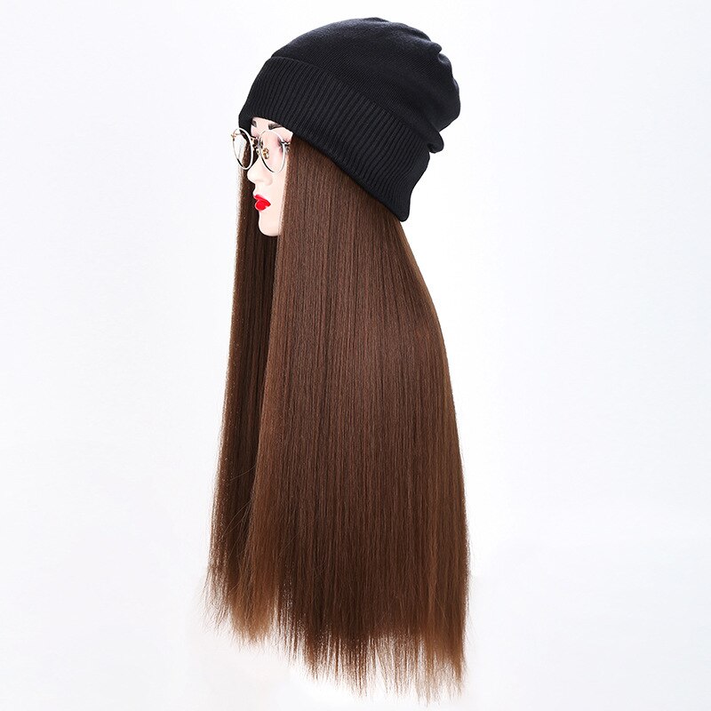 Sombrero con pelucas de pelo para mujer, pelo largo y liso, sintético, cálido y suave, gorro de punto, todo en uno, con sombrero: Dark brown