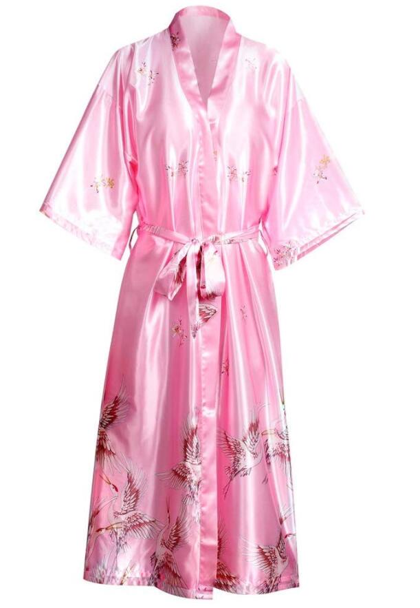 Grau Satin- Lange Bademantel Frauen Hochzeit Braut Brautjungfer Kleid Nachthemd Nachtwäsche Druck Kran Kimono Größe S M L XL XXL XXXL: 4XL / Rosa