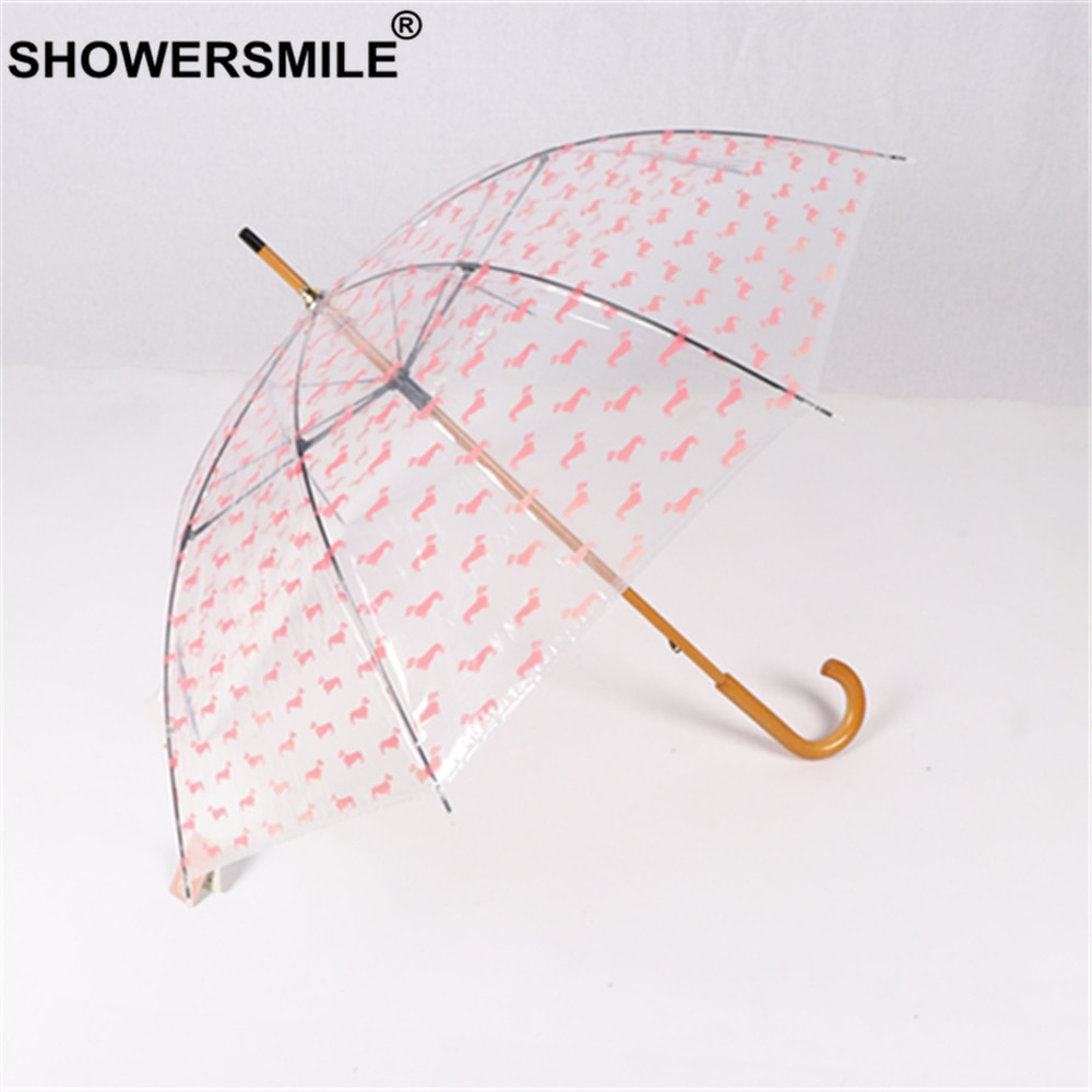 Showersmile transparent paraply regn kvinder træhåndtag parasol hundetryk damer hængende mærke voksen guarda chuva