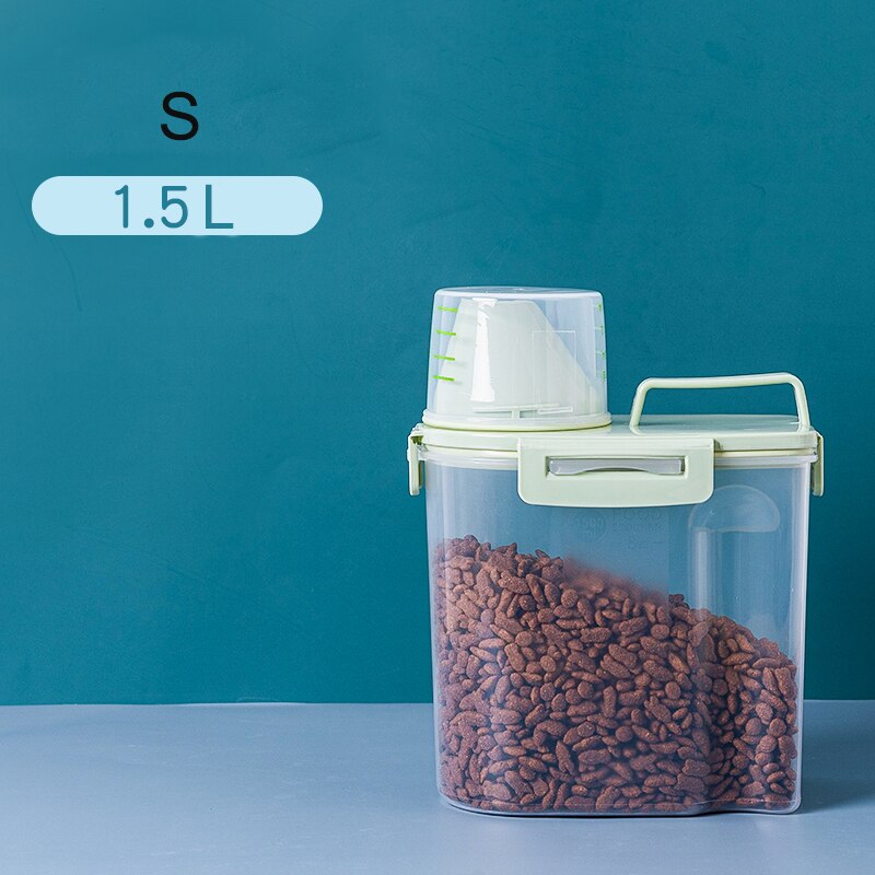 Pet Supplies Dog Food Storage Container 12.5L Dry Cat Food Box Bag Moisture-proof Seal with Measuring Cup Kitten Supplies: green-1.5L