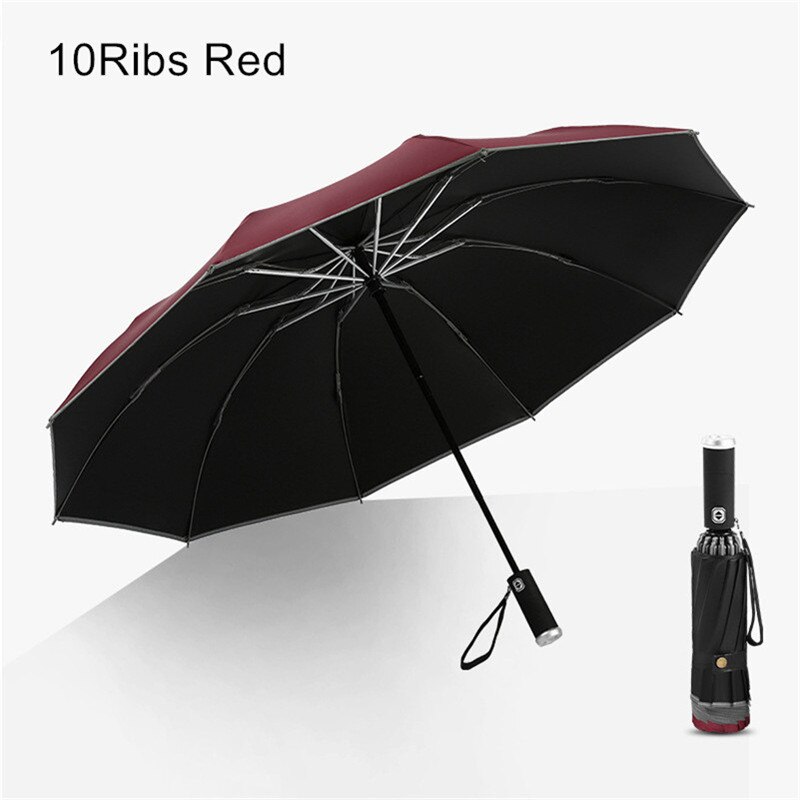 Automatic Reverse Umbrella Women 3 Fold Reflective Strip Umbrella Rain Men Parasol LED Light Windproof Parapluie Rain Gear EB5YS: 10ribs Red
