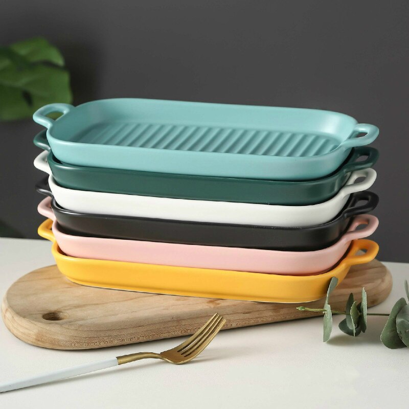 Rectangular Nordic Ceramic Plate Dual Handle Chicken Wings Barbecue Baking Plate Baking Tableware Heat Resistant Tableware Plate