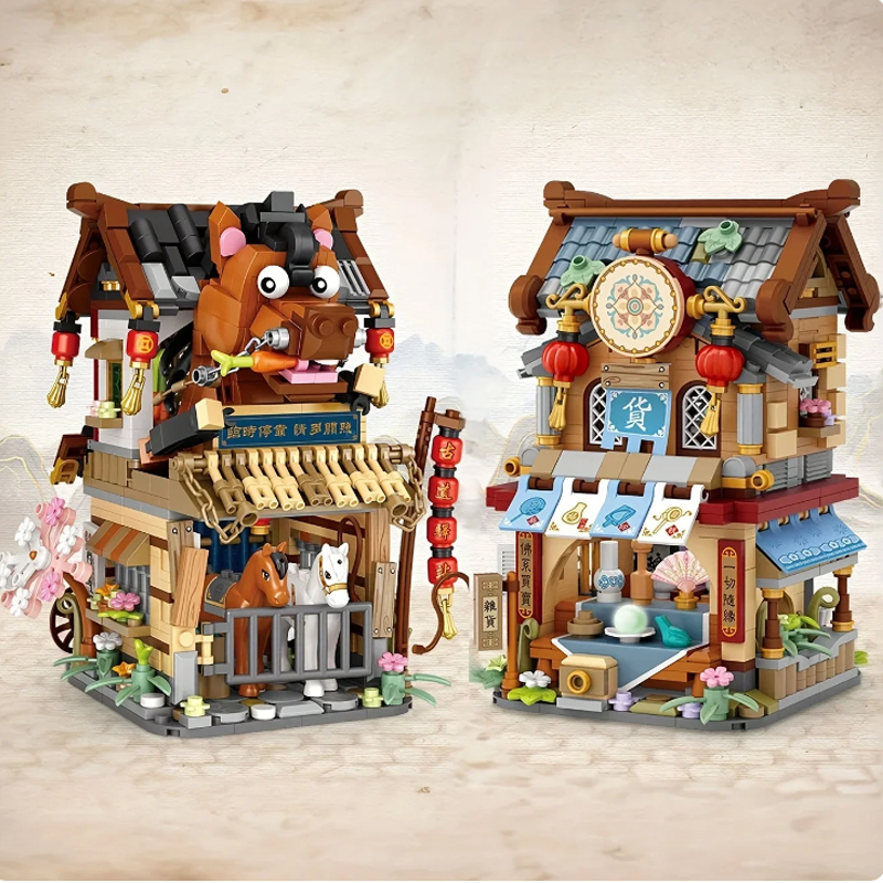Serie Street View Building block Izakaya Ice Shop Takoyaki Shop Coffee Shop Panda Tea House modello regalo per bambini