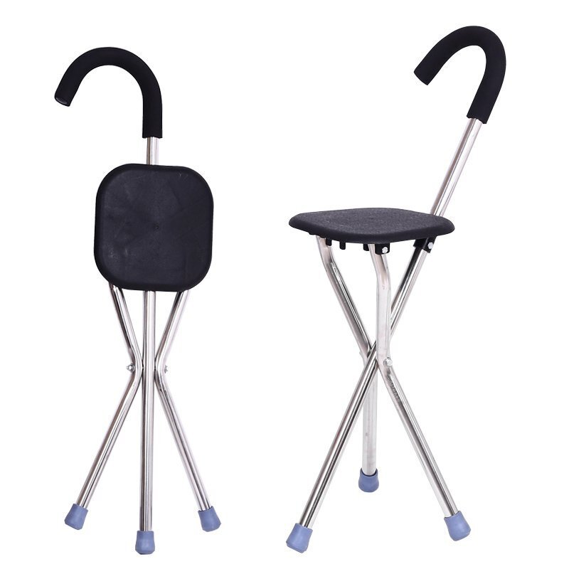 Bastón plegable de aleación de aluminio para exteriores, silla antideslizante para bastón, taburete multifuncional estable y seguro para personas mayores: Negro