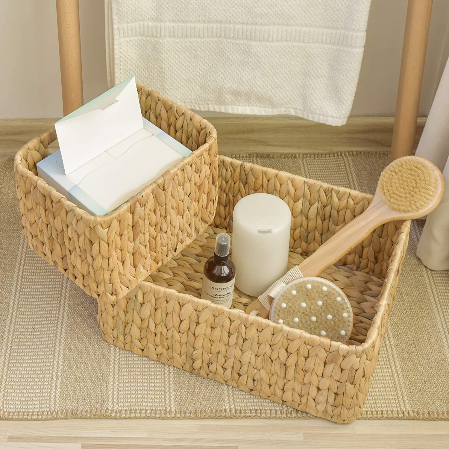 Organizer For Cosmetics 3 Sections Wicker Baskets for Shelves Hand-Woven Storage Baskets Bathroom Organization Water Hyacinth