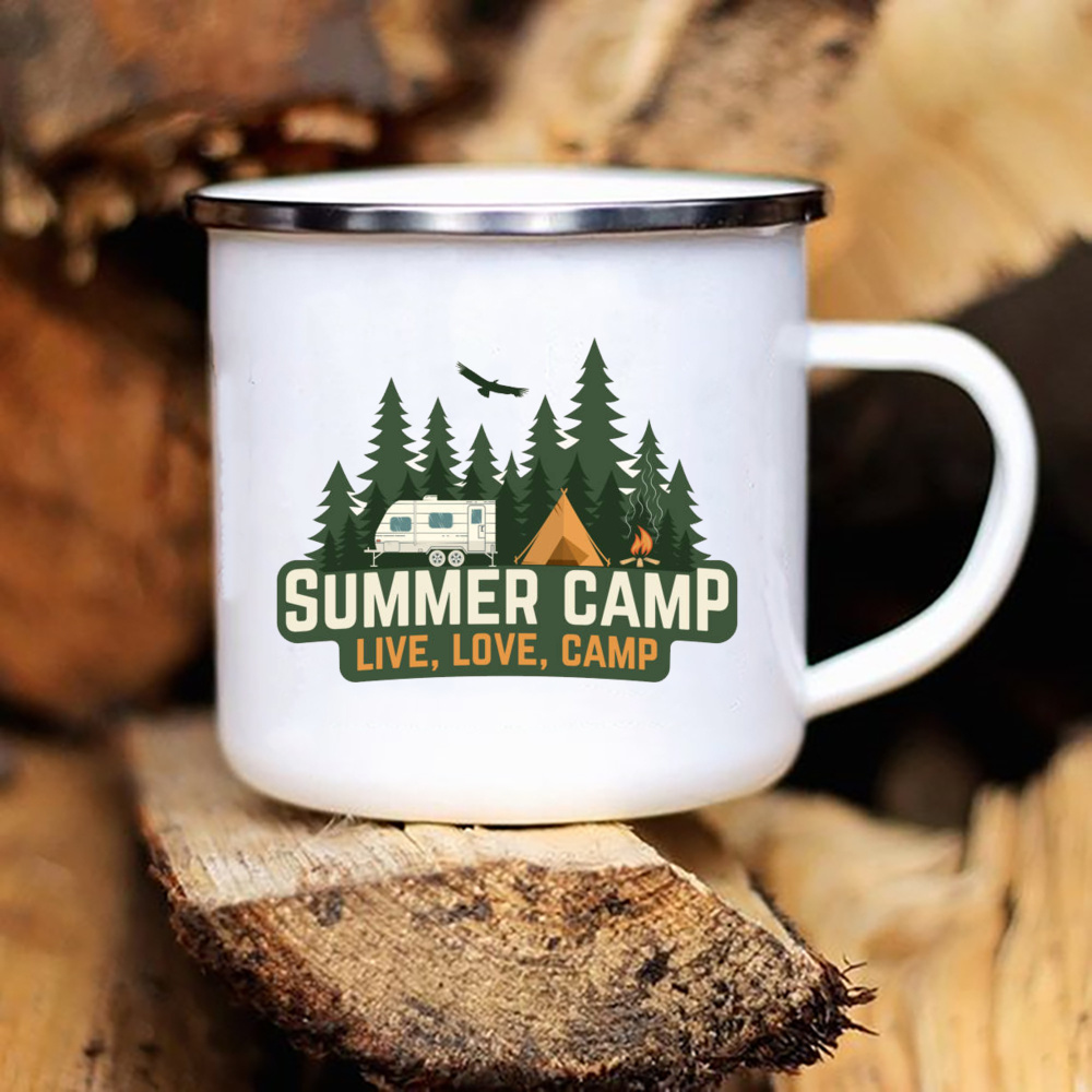 Tazas de Camper con estampado de caravana, taza esmaltada para acampar, aventura, fogata, , cerveza, jugo, tazas con mango de montaña, para Camper: Verde