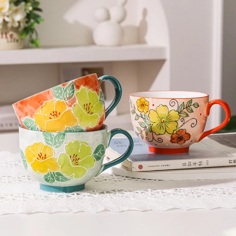 Tasse en céramique de 500ml, bol de petit déjeuner glyptique fait à la main, tasse d'eau de grande capacité pour le bureau, tasse à café en porcelaine pour le thé de l'après-midi