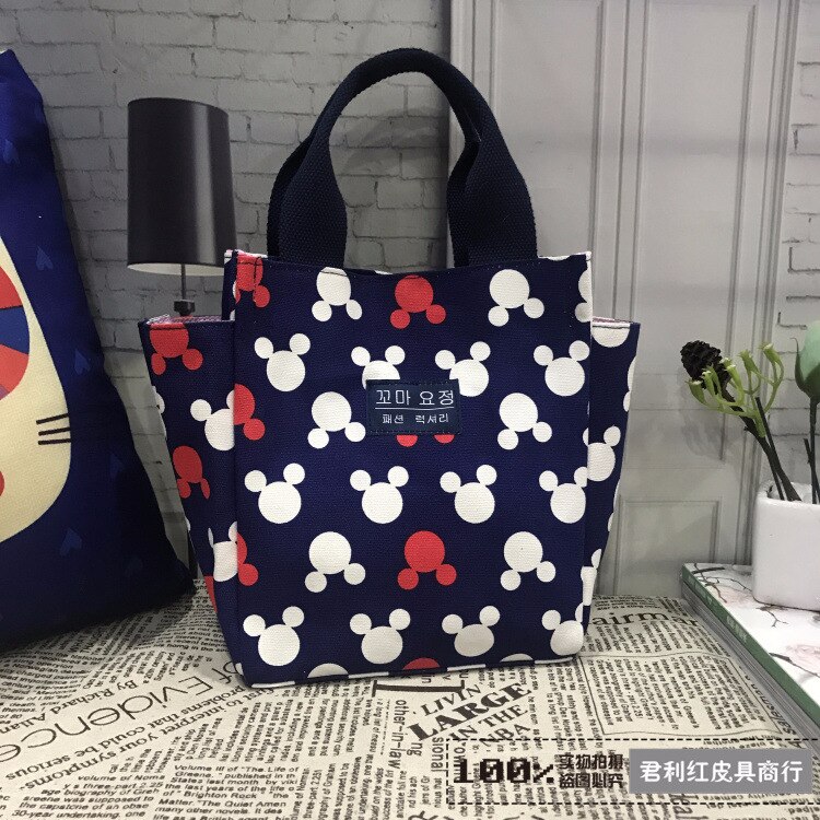 Lady Women Handbag Polyester Ladies Printing Handbags Portable Lunch Bag Pouch Storage Box Picnic Tote Bag: Black