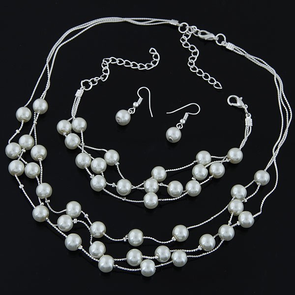 Gesimuleerde Parel Sieraden Set Voor Vrouwen Kralen Statement Ketting Oorbellen En Armband Set Party Bruiloft Sieraden: Silver