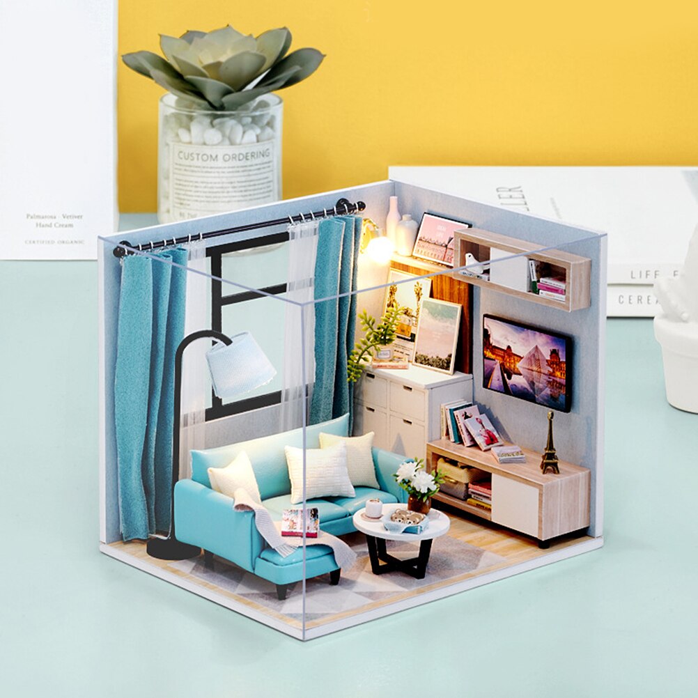 Mini hus miniature gør-det-selv enkelt værelse hus soveværelse kit kunstværk med møbler uden batteri
