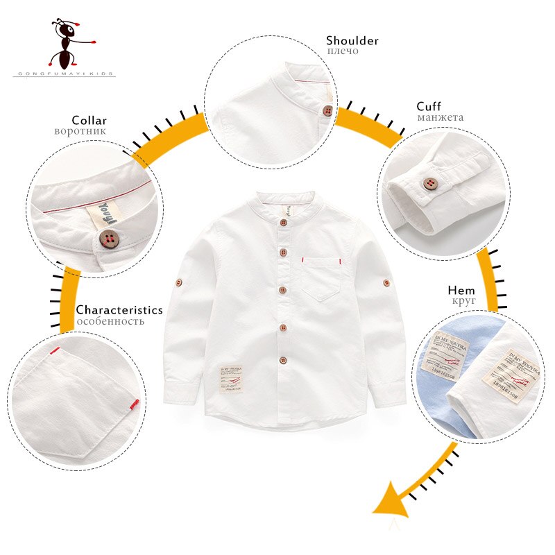 Kung Fu Ameise Frühling lässig Jungen Hemden Oxford Textil Baumwolle Weiß Hemden Taschen Oansatz Feste Baby freundlicher Kleidung 1825