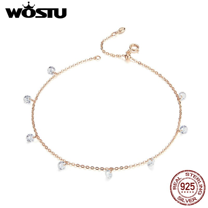 WOSTU Thin 925 sterling Shiny Chains Anklet For Women Girls Friend Foot Jewelry Leg Bracelet Tobillera de Prata