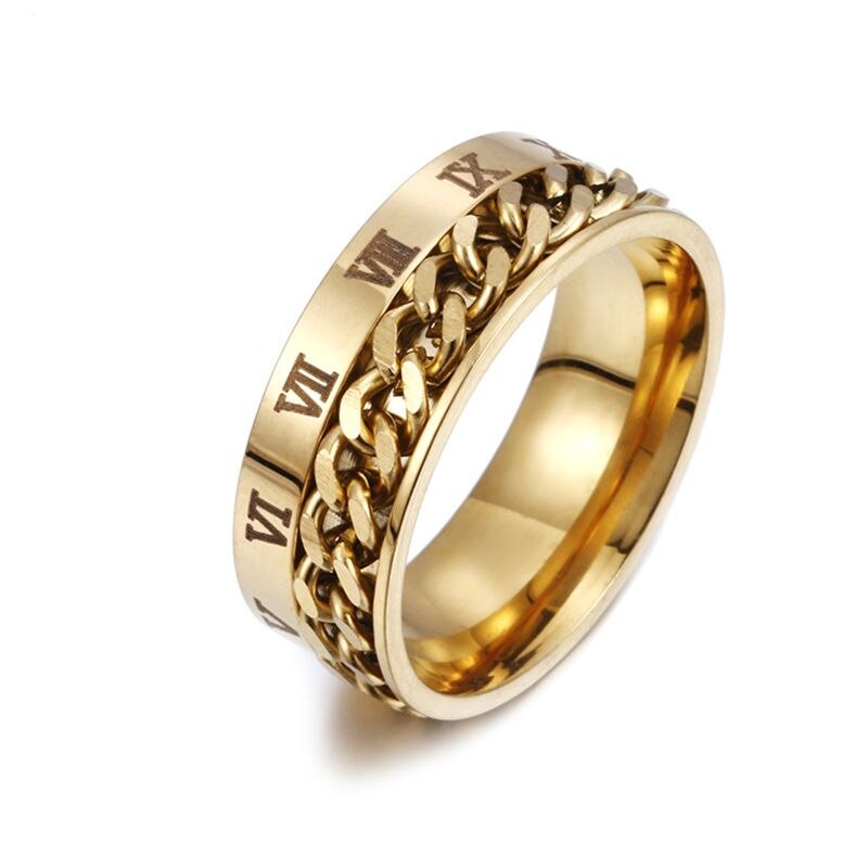 . EDC Finger Fidget Spinner Stainless Steel Chain Rotatable Ring Men Classical Rome Digital Power Sense: Gold Size 11