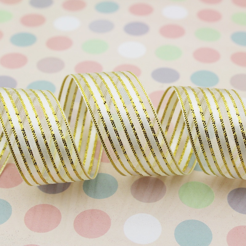 (25 yards/roll) 15mm White gold stripe packaging ribbon wedding shiny ribbons