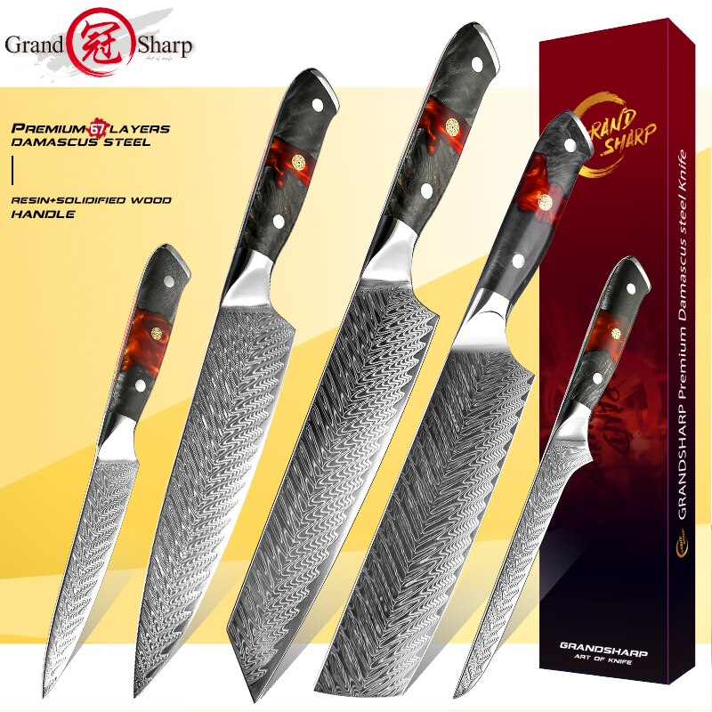 1-5 Pcs Damascus Kitchen Knife Set VG10 Japanese Steel Chef Knives Boning Knife Utility Knife Meat Vegetable Cutter GRANDSHARP
