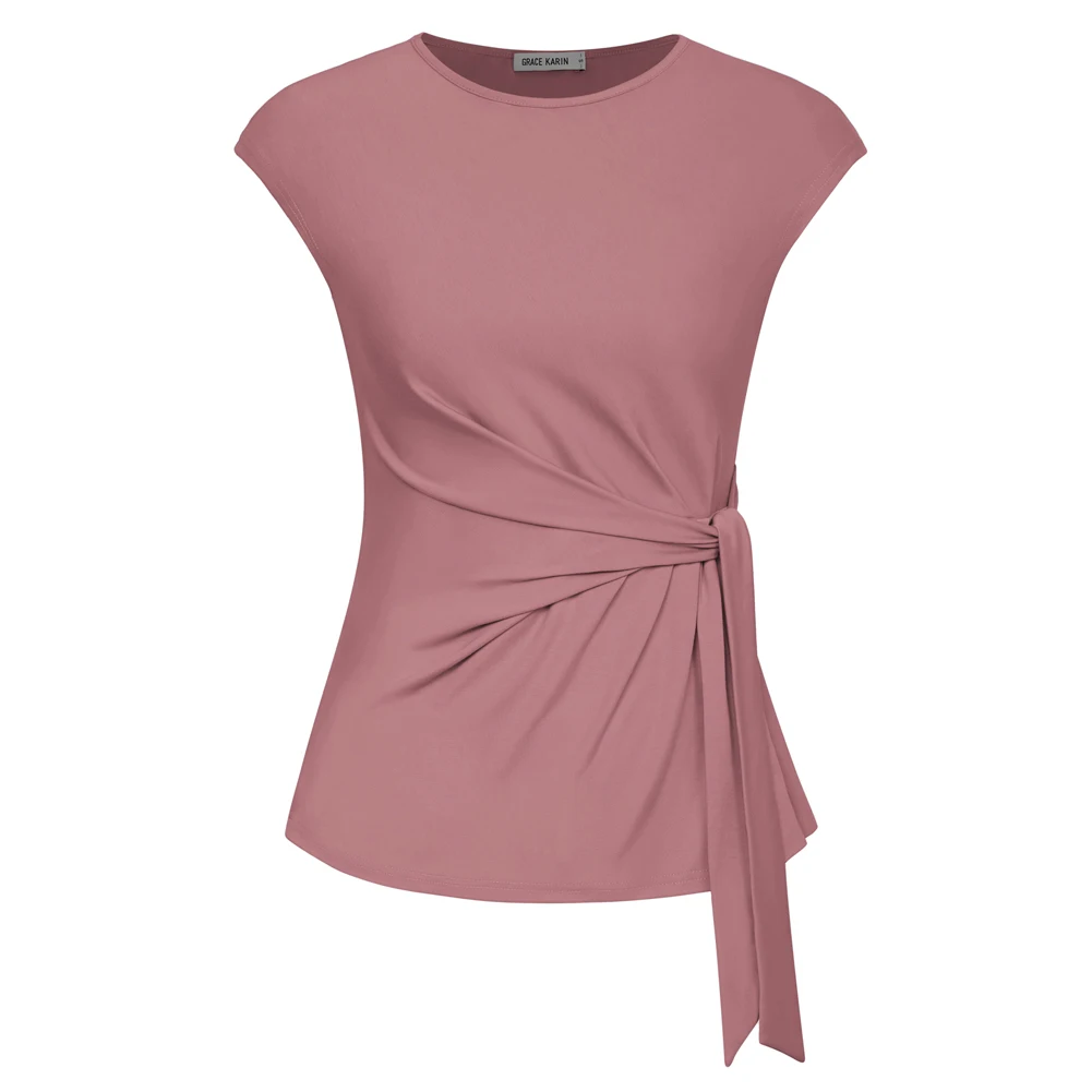 Gk kvinder bluser foran sløjfe knude dekorerede toppe klassiske kasketærmede rund hals pullover sommertoppe bluser femme