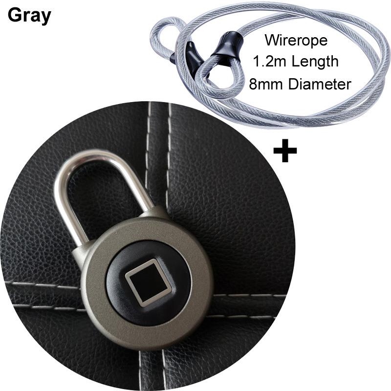 Smart Bluetooth Padlock Fingerprint and Phone APP Unlock Waterproof IP66 Security Door Lock For Luggage/Cabinet/Drawer/Bike M3: Gray add Wirerope