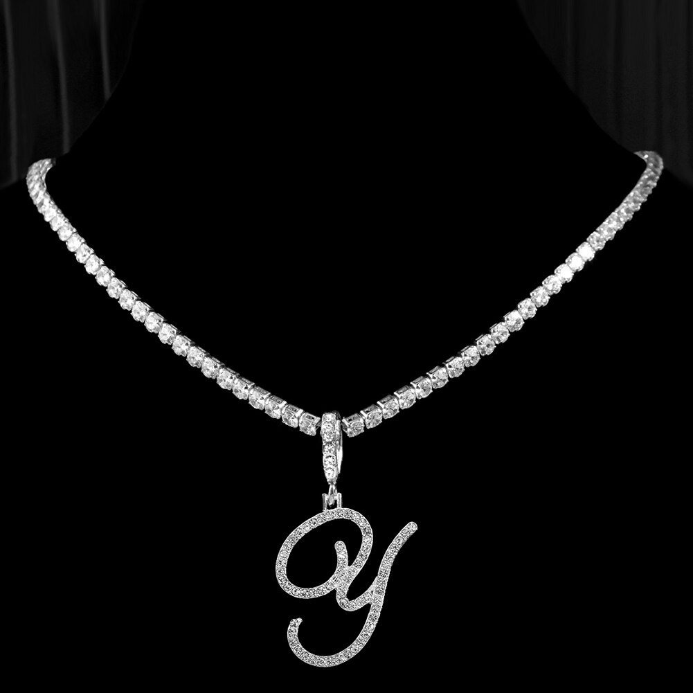 Cursive Letters Cubic Zirconia Chain Intial Name Necklace Hip Hop Jewelry Gold Silver Color CZ 26 Alphabet Pendant Necklaces