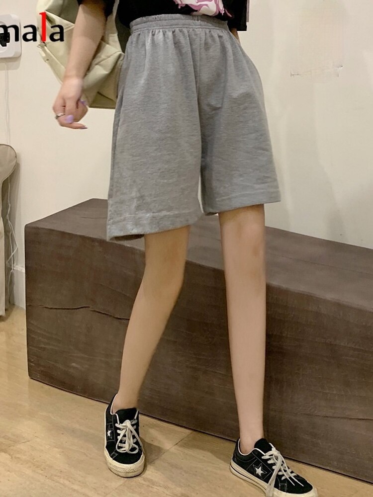 Korean pure cotton gray black women shorts casual regular loose Big size straight solid elasticity jogger shorts female