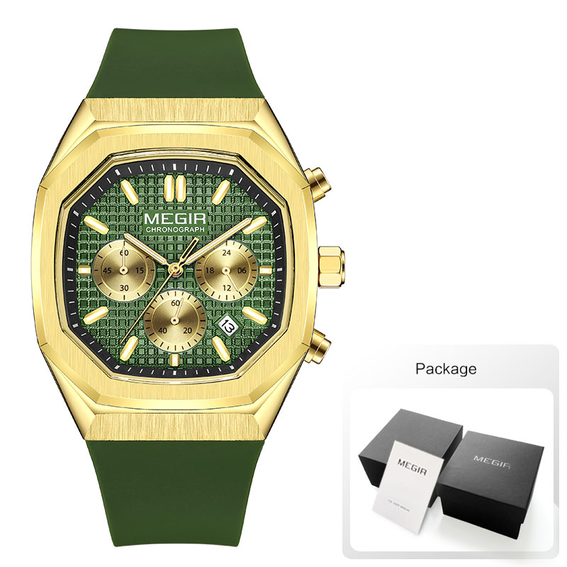 Megir heren waterdicht horloge met achthoekige wijzerplaat, chronograaf, quartz polshorloge met olijfgroene siliconen band, datumweergave en lichtgevende wijzers 2215: Paars