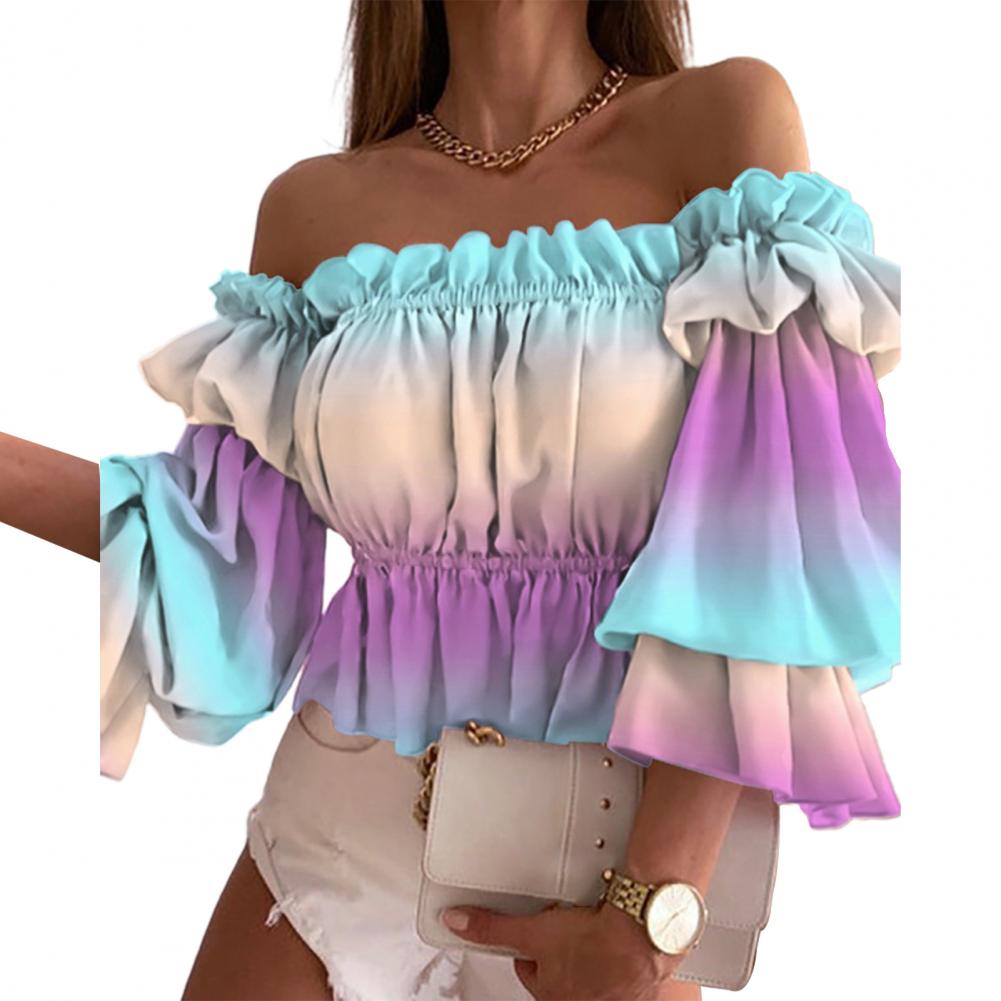 Sexet sommertop med flare-ærmer og off-shoulder-fløjlsskjorte med blomsterprint og let skjorte til hverdagsbrug: 1 / Hvid